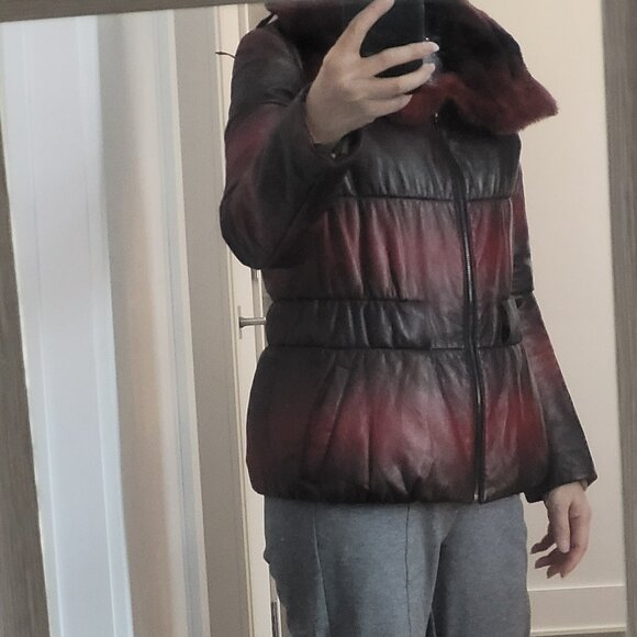 Red & Black Gradient Genuine Leather Jacke - Picture 8 of 9